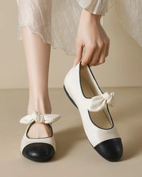 Women’s round toe bow flat shoes in nude, slip-on ballet flats with patchwork design and shallow style, perfect for spring and summer casual wear.
