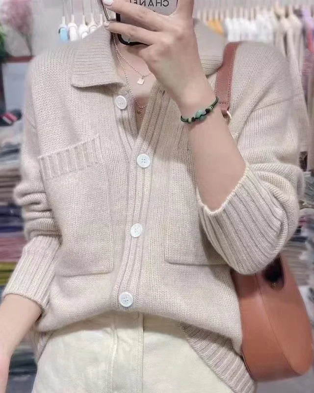 Pure Wool Lapel Pocket Solid Thick Knit Cardigan