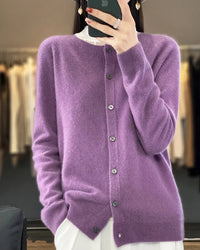 Wool O-Neck Seamless Single-Breasted Open Cardigan Sweater