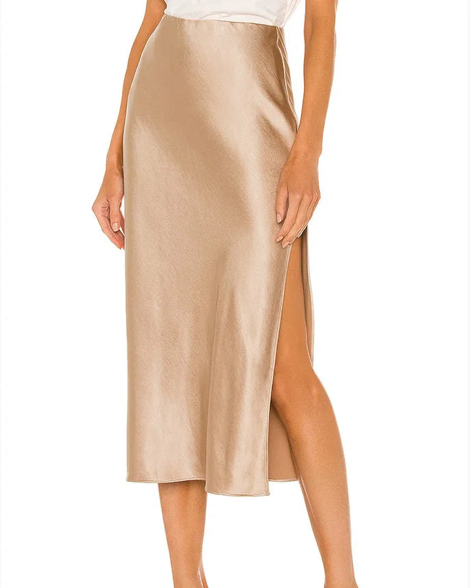 Acetate Satin Side-Slit A-Line Midi Skirt