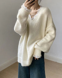 Soft V-Neck Lace-Trimmed Loose Knit Sweater