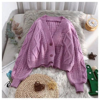 Lantern Sleeve Geometric Knitted Short Cardigan