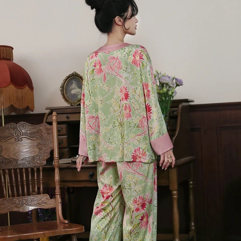 Chinese Style Button Satin Shirt & Trousers Pajama Set