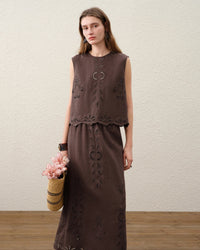 Linen Embroidered A-Line Midi Skirt