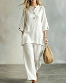O-Neck 3/4 Sleeve Button Top & Ankle Trouser 2-Piece Set
