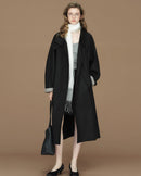 Contrast-Cuff Stand-Collar Long Trench Coat