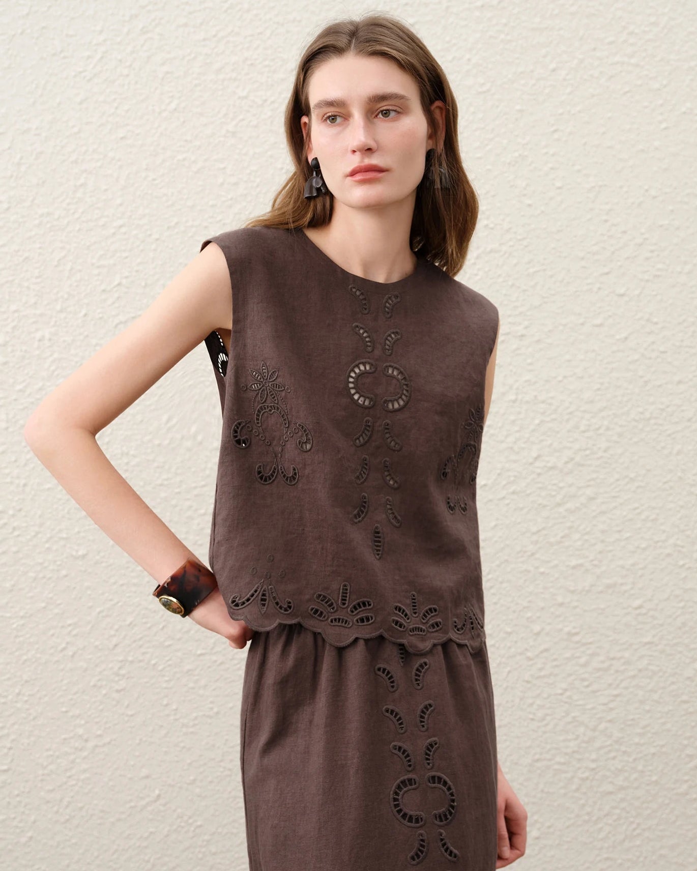 Linen Cut-Out Embroidered Sleeveless Top