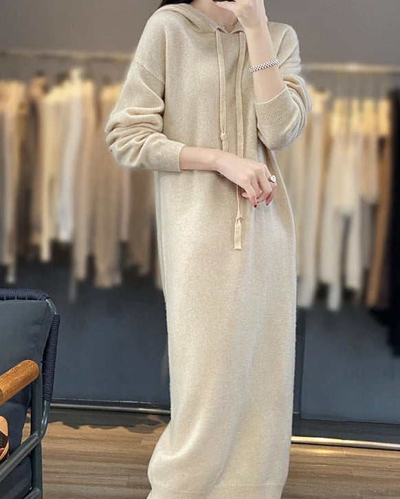 Drawstring Hooded Wool Dress