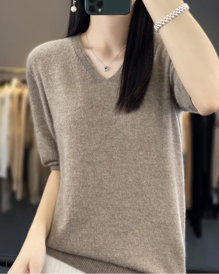 Merino Wool V-Neck Short-Sleeve Sweater