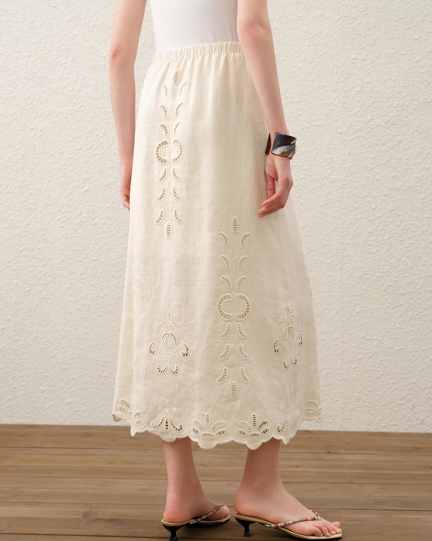 Linen Embroidered A-Line Midi Skirt