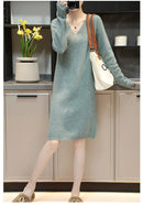 V-Neck 100% Merino Wool Knitted Dress GentleHerd