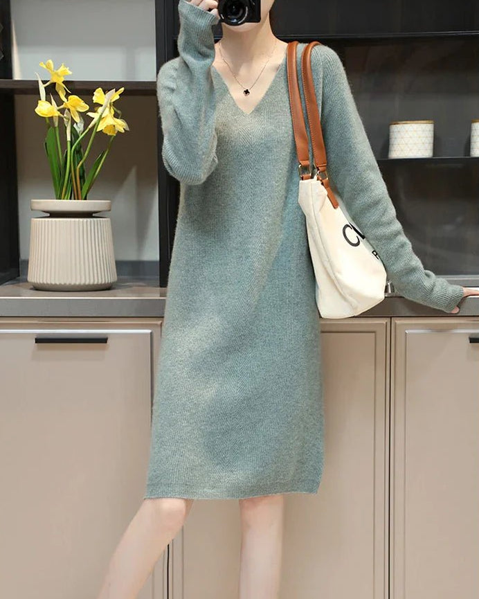 V-Neck Merino Wool Knitted Dress GentleHerd