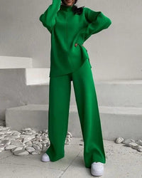 Loose Knit Sweatshirt & Wide-Leg Pants Two-Piece Set