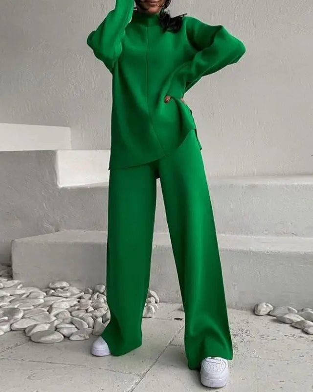 Loose Knit Sweatshirt & Wide-Leg Pants Two-Piece Set