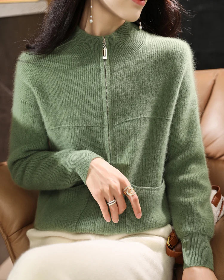 Merino Wool Mock Neck Zip Cardigan