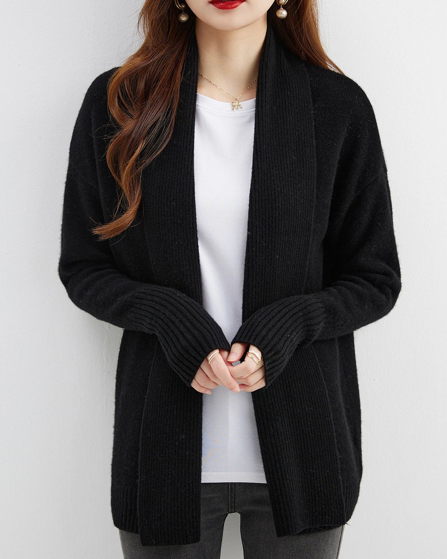 Merino wool solid scarf collar single-breasted loose knit cardigan. Soft, warm, and high-stretch — a casual elegant autumn winter sweater for women.
