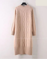 Mock-Neck Ribbed Knit Midi Sweater Dress
