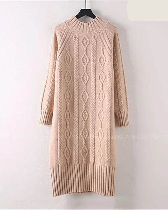 Mock-Neck Ribbed Knit Midi Sweater Dress