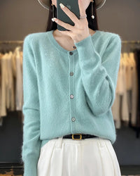 Mink Cashmere Crew Neck Loose Cardigan Sweater