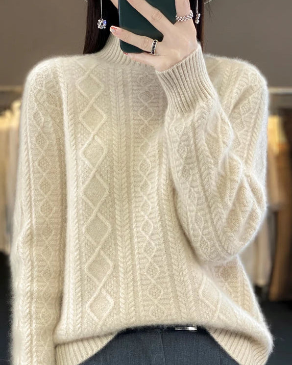 Diamond-Knit Wool Mock-Neck Sweater