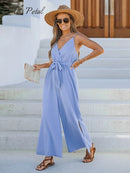 Belted Wide Leg V-neck Jumpsuit