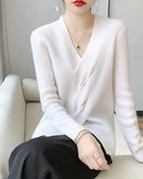 Wool V-Neck Crossover Pullover Sweater