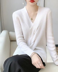Wool V-Neck Crossover Pullover Sweater