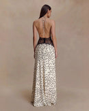 Polka Dot Lace Patchwork Halter Deep V-Neck Backless Maxi Dress
