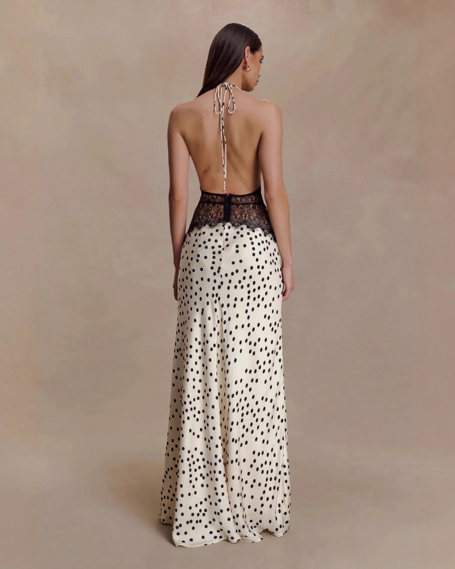 Polka Dot Lace Patchwork Halter Deep V-Neck Backless Maxi Dress