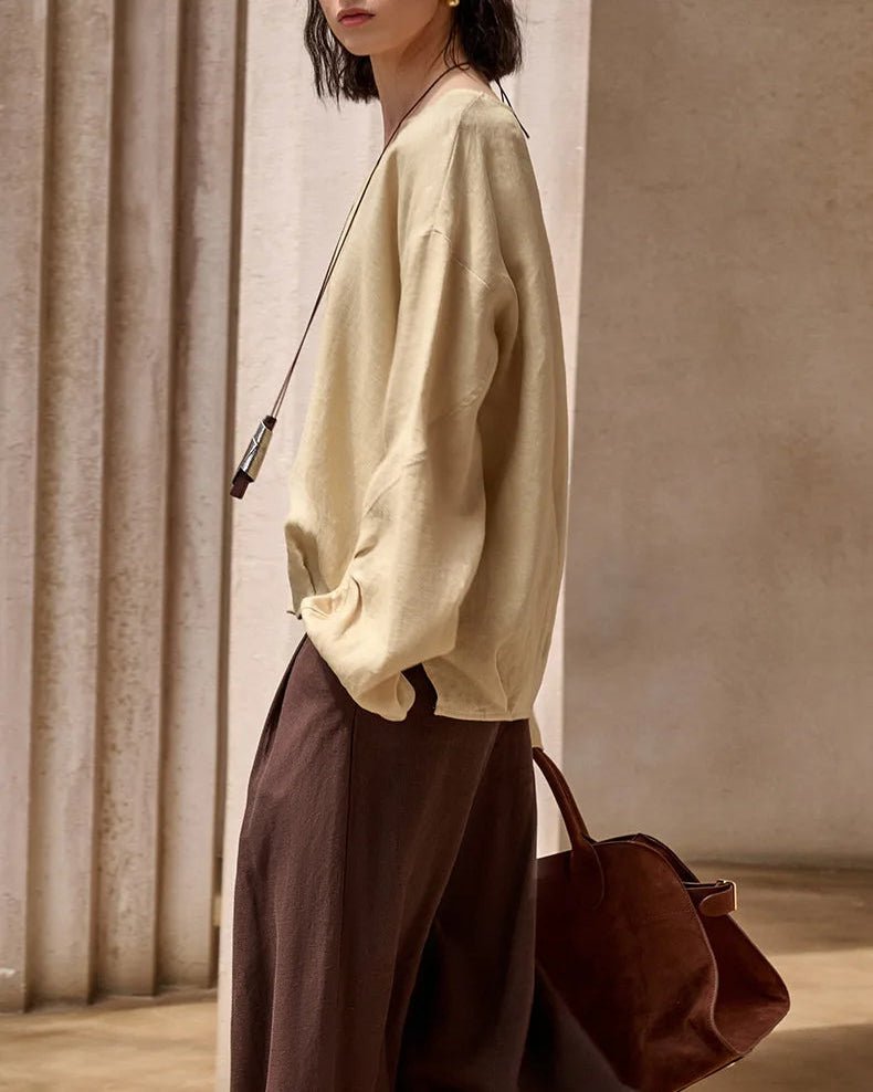 Fashionable Linen U-Neck Long-Sleeved Shirt