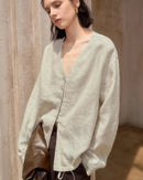 Loose V-Neck Button-Down Long-Sleeved Shirt