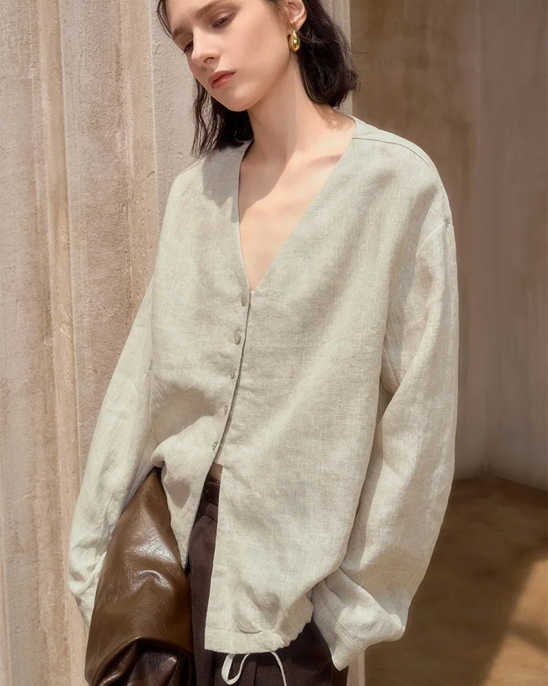 Loose V-Neck Button-Down Long-Sleeved Shirt