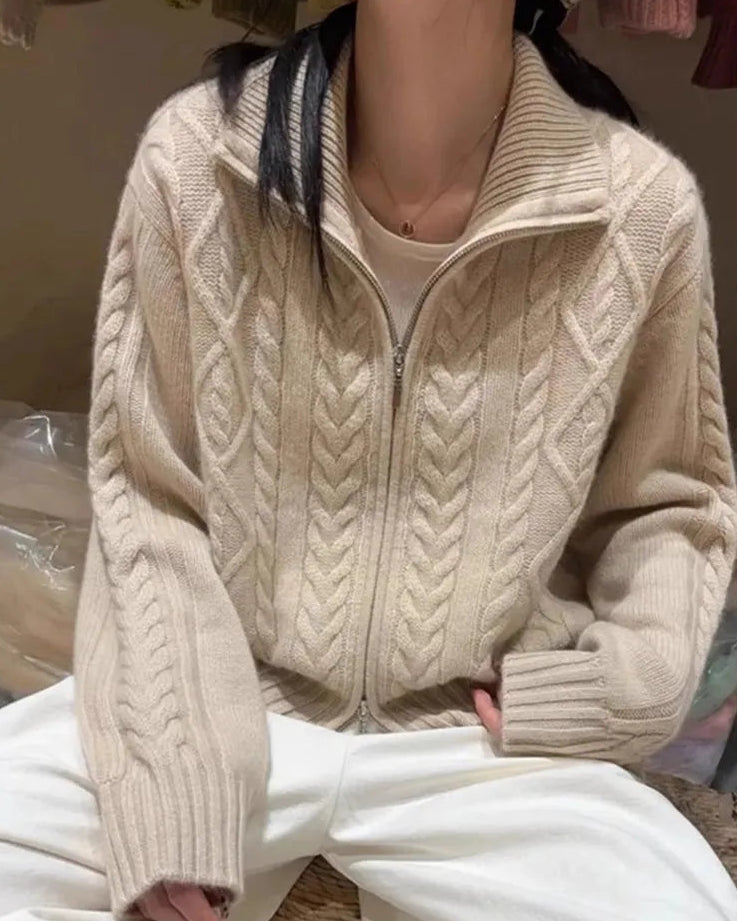 Cashmere Turtleneck Zip-Up Loose Open Cardigan Sweater
