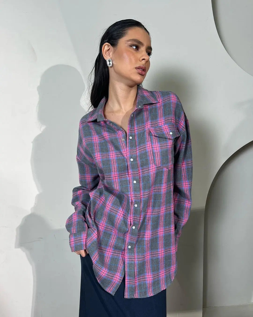 Vintage Plaid Oversized Long-Sleeve Shirt