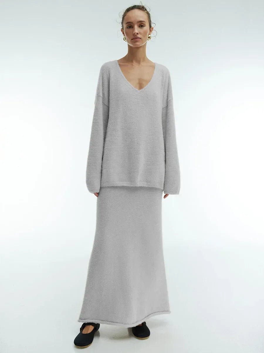 Casual V-neck Sweater& Skirt Set
