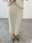 Ribbed Knited Round-Neck Sweater & Midi Skirt Set