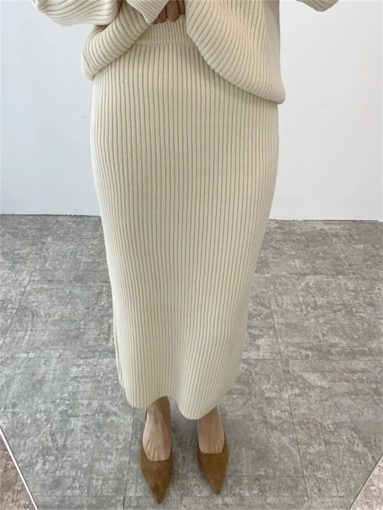 Ribbed Knited Round-Neck Sweater & Midi Skirt Set