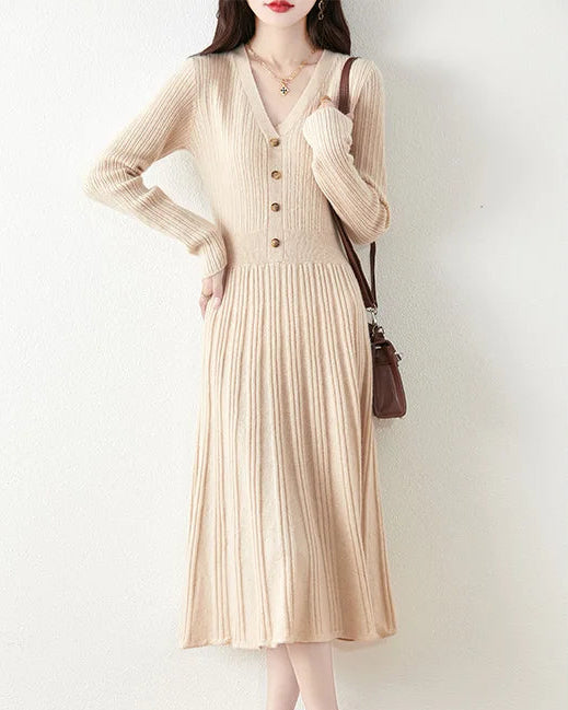Merino Wool V-Neck Knit Midi Dress