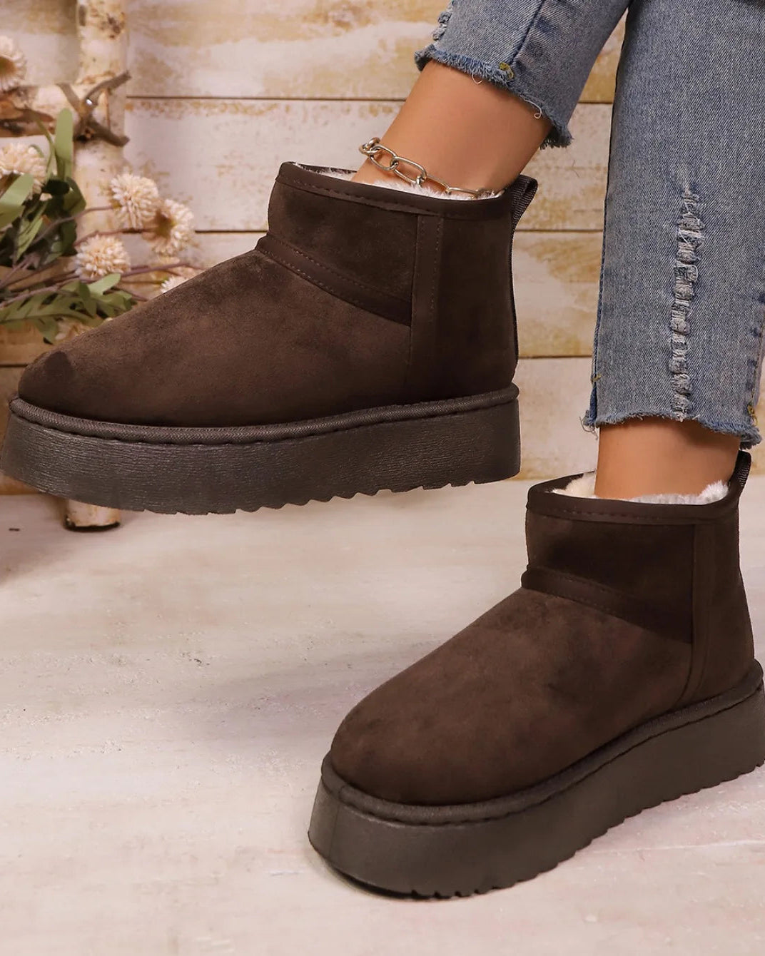 Flannel Slip-On Snow Ankle Boots