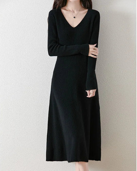 Merino Wool V-Neck A-Line Knit Dress