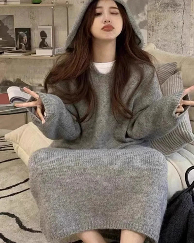 Cashmere Hooded Knit Midi Sweater Dress