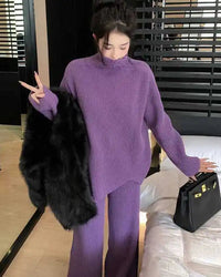 Turtleneck Knit Sweater & Wide-Leg Pants Two-Piece Set