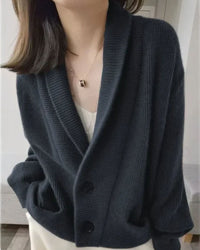 Woman layering a sand-beige Shawl-Collared  Cashmere Cardigan, 19-micron Mongolian fibers and rib-knit shawl collar wrap you in luxe warmth—your breathable 45-65 °F fall-through-spring statement.
