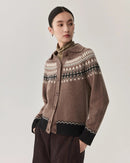 Deep Camel Sheep Wool Cardigan - Pure Merino Wool Vintage Fair Isle Jacquard Sweater for Fall-Winter Layering