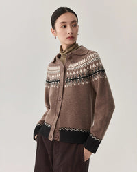 Deep Camel Sheep Wool Cardigan - Pure Merino Wool Vintage Fair Isle Jacquard Sweater for Fall-Winter Layering