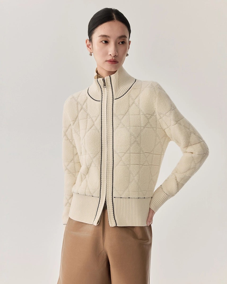 Sheep Wool Diamond-Patterned Chain Knit Cardigan