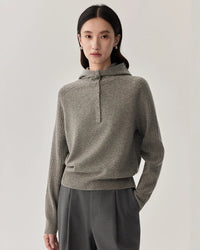 Grey Merino Wool Hooded Pullover - Premium Sheep Wool Sweater with Relaxed Silhouette & Cropped Length