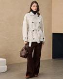 Korean short coat in sand double-faced wool, boxy single-breasted jacket for effortless autumn-to-winter street style.