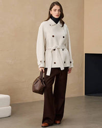 Korean short coat in sand double-faced wool, boxy single-breasted jacket for effortless autumn-to-winter street style.