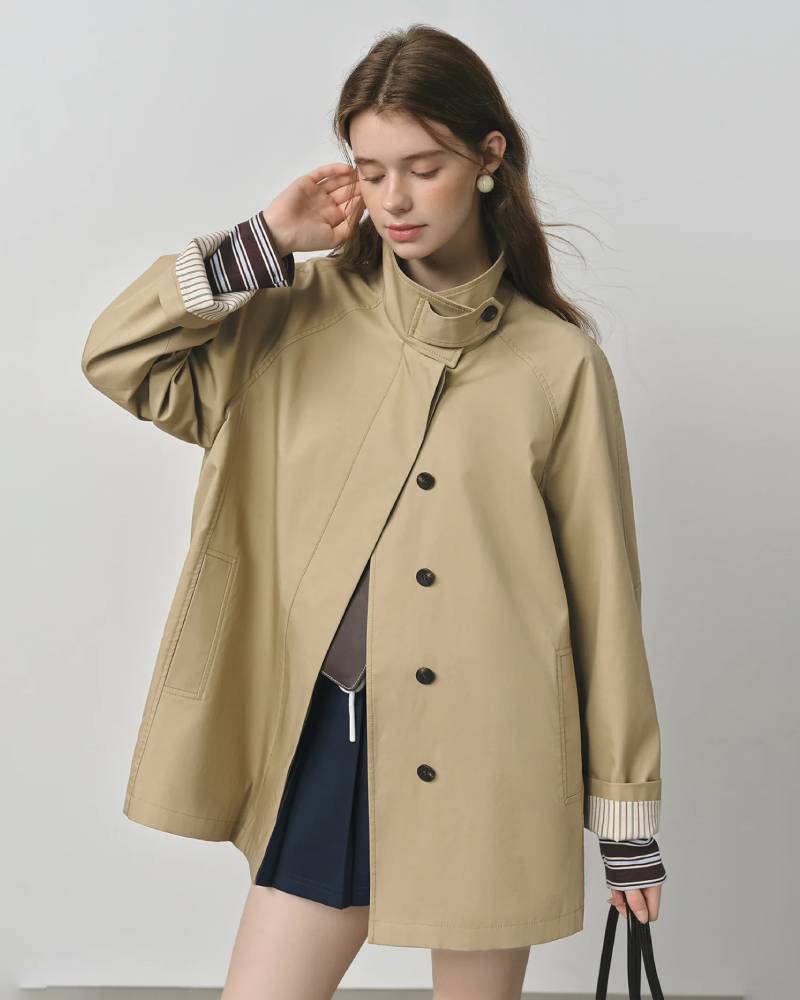 Short Stand Collar Windbreaker Trench Jacket